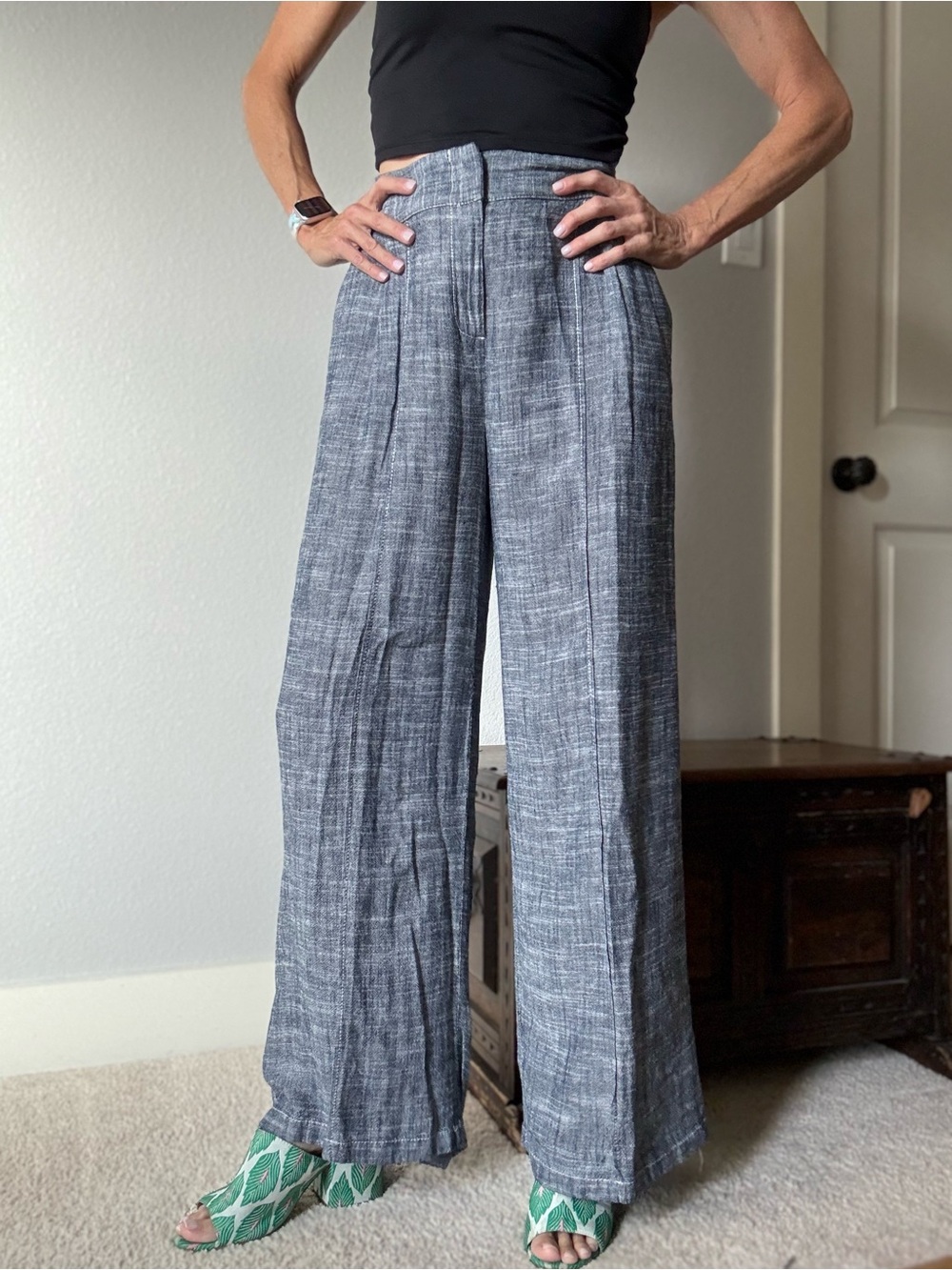 Zara Wide-Leg High-Waist Gray Linen Blend Pants sz XS